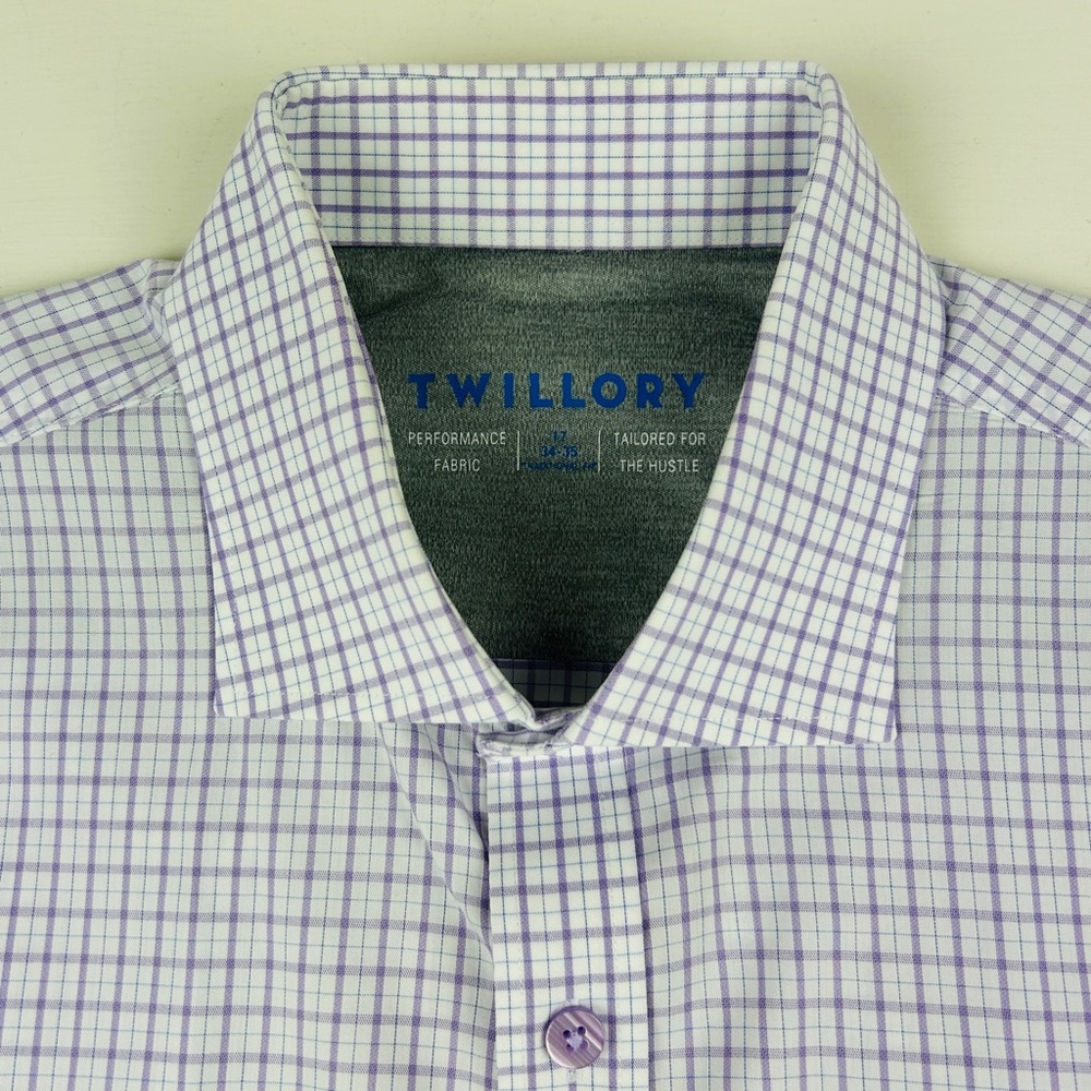 Twillory Performance Shirt 17 34/35 Purple White Check Stretch Traditional Fit
